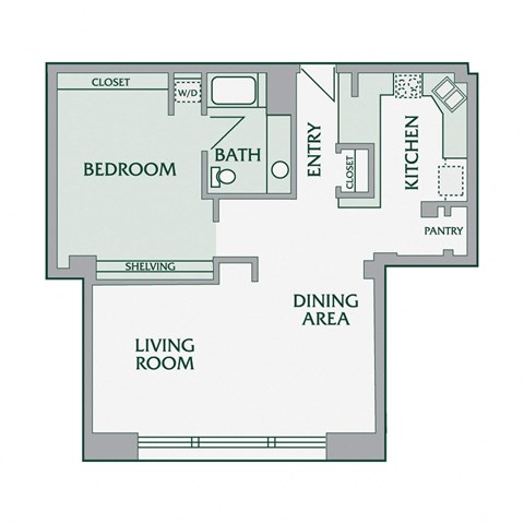 Floor plan for 1 bed, 1 bath, 675 sqft